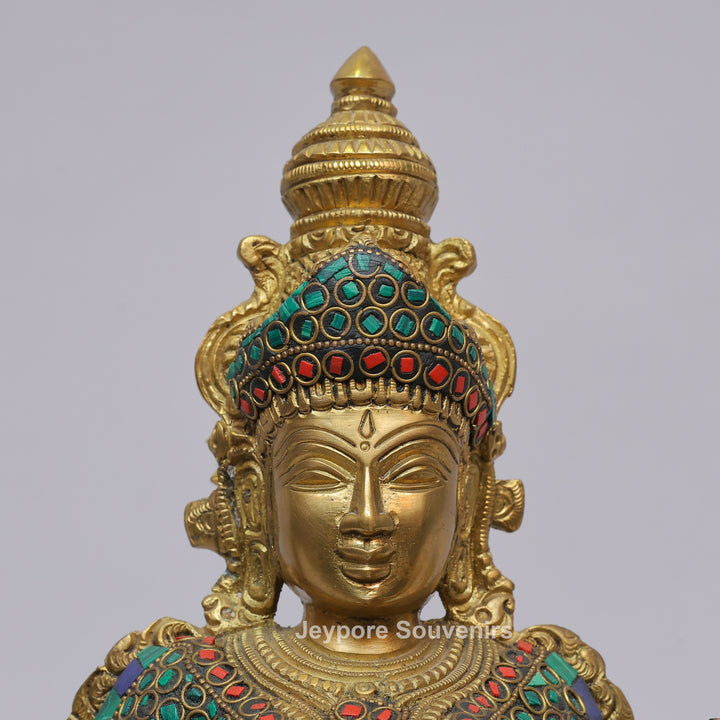 Handcrafted Brass Goddess Saraswati Statue with Veena &amp; Stone Inlay
