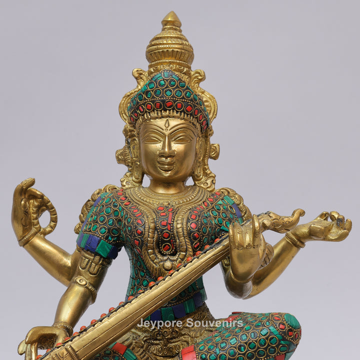 Handcrafted Brass Goddess Saraswati Statue with Veena &amp; Stone Inlay
