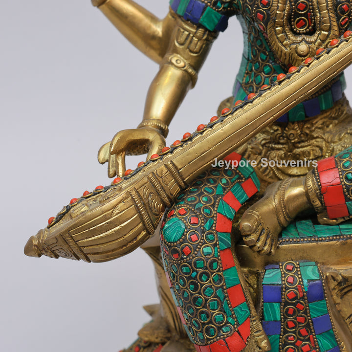 Handcrafted Brass Goddess Saraswati Statue with Veena &amp; Stone Inlay