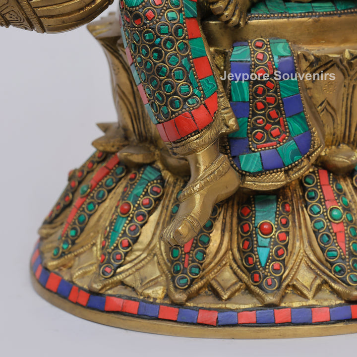 Handcrafted Brass Goddess Saraswati Statue with Veena &amp; Stone Inlay