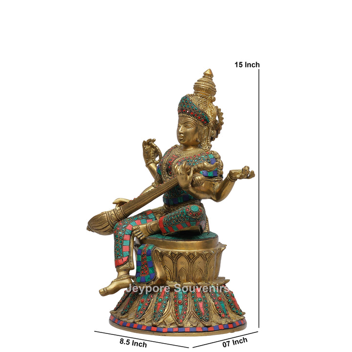 Handcrafted Brass Goddess Saraswati Statue with Veena &amp; Stone Inlay