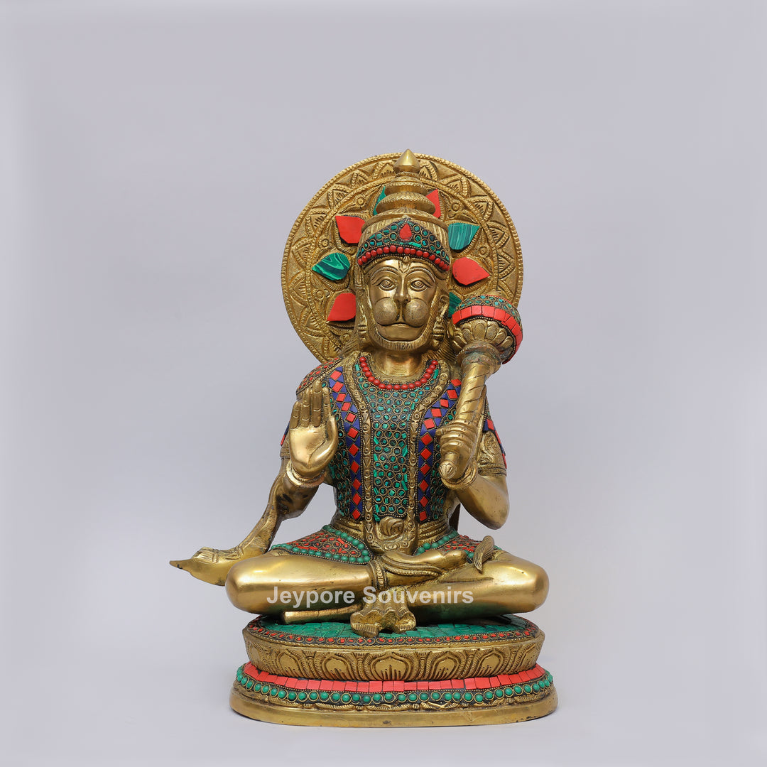 Handcrafted Brass Lord Hanuman Idol with Gada &amp; Stone Inlay Work