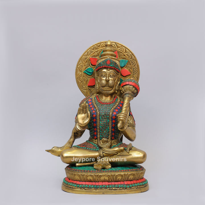 Handcrafted Brass Lord Hanuman Idol with Gada &amp; Stone Inlay Work
