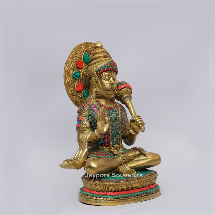 Handcrafted Brass Lord Hanuman Idol with Gada &amp; Stone Inlay Work