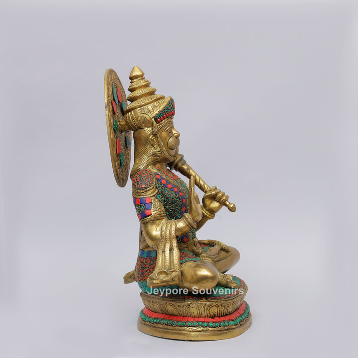 Handcrafted Brass Lord Hanuman Idol with Gada &amp; Stone Inlay Work