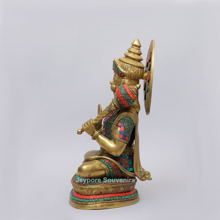 Handcrafted Brass Lord Hanuman Idol with Gada &amp; Stone Inlay Work