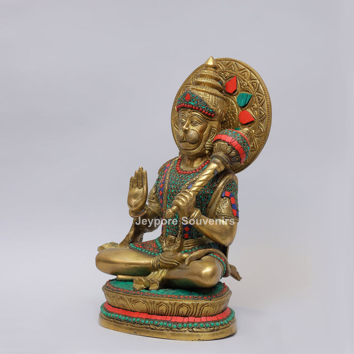 Handcrafted Brass Lord Hanuman Idol with Gada &amp; Stone Inlay Work