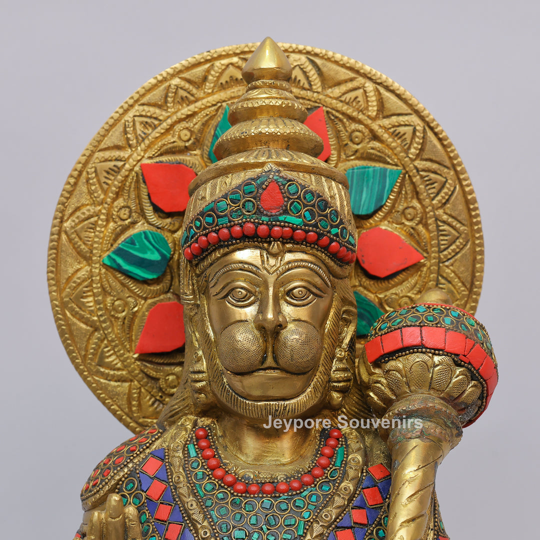 Handcrafted Brass Lord Hanuman Idol with Gada &amp; Stone Inlay Work