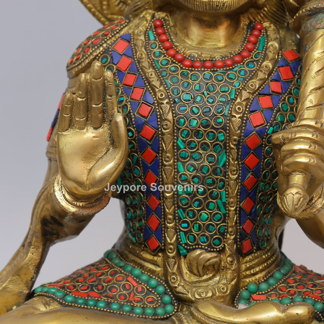 Handcrafted Brass Lord Hanuman Idol with Gada &amp; Stone Inlay Work