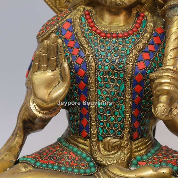 Handcrafted Brass Lord Hanuman Idol with Gada &amp; Stone Inlay Work