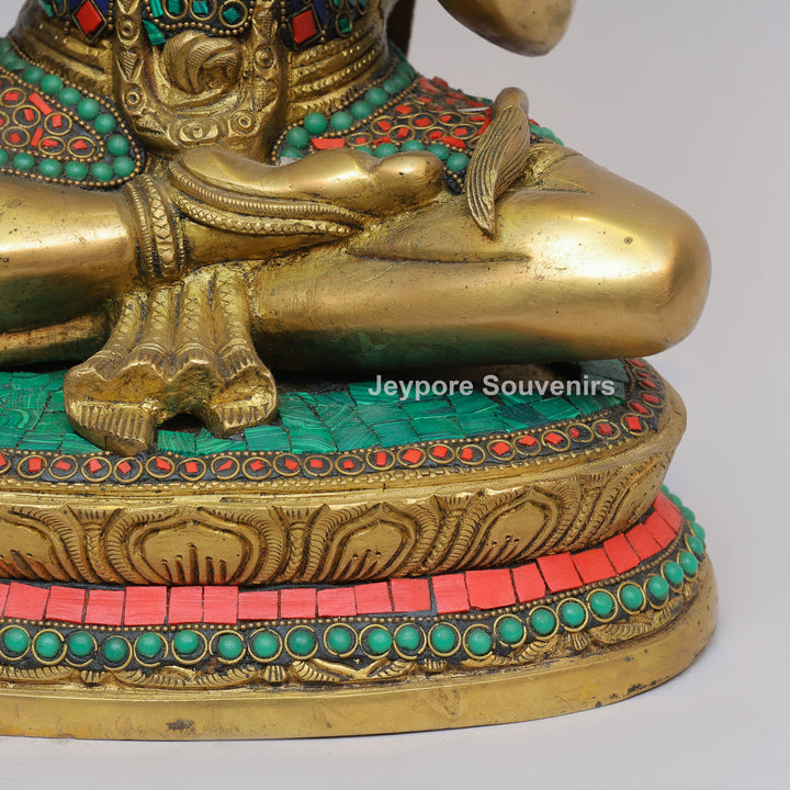 Handcrafted Brass Lord Hanuman Idol with Gada &amp; Stone Inlay Work