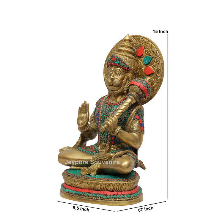 Handcrafted Brass Lord Hanuman Idol with Gada &amp; Stone Inlay Work