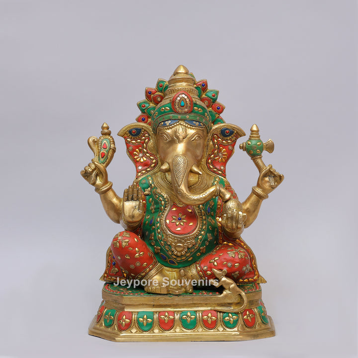 Handcrafted Brass Lord Ganesh Ji Statue with Multicolor Mosaic Inlay