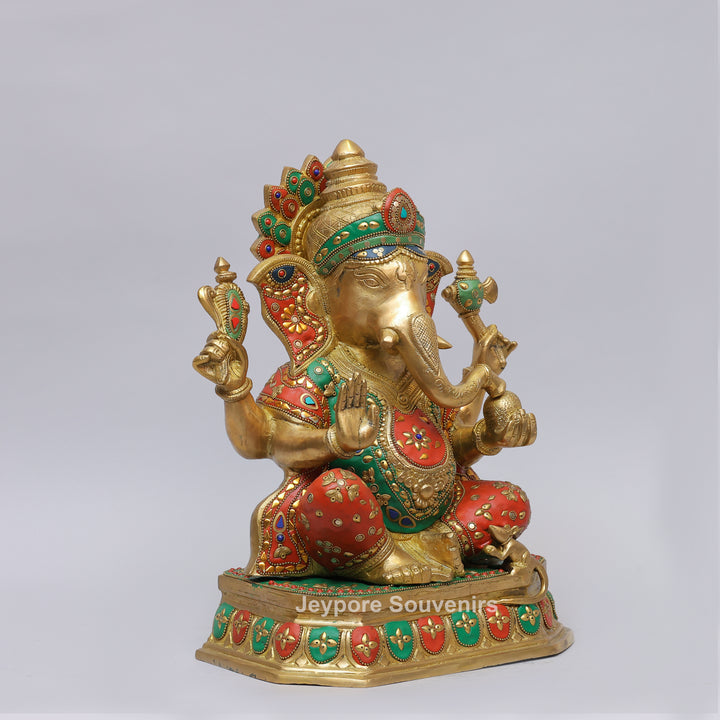 Handcrafted Brass Lord Ganesh Ji Statue with Multicolor Mosaic Inlay