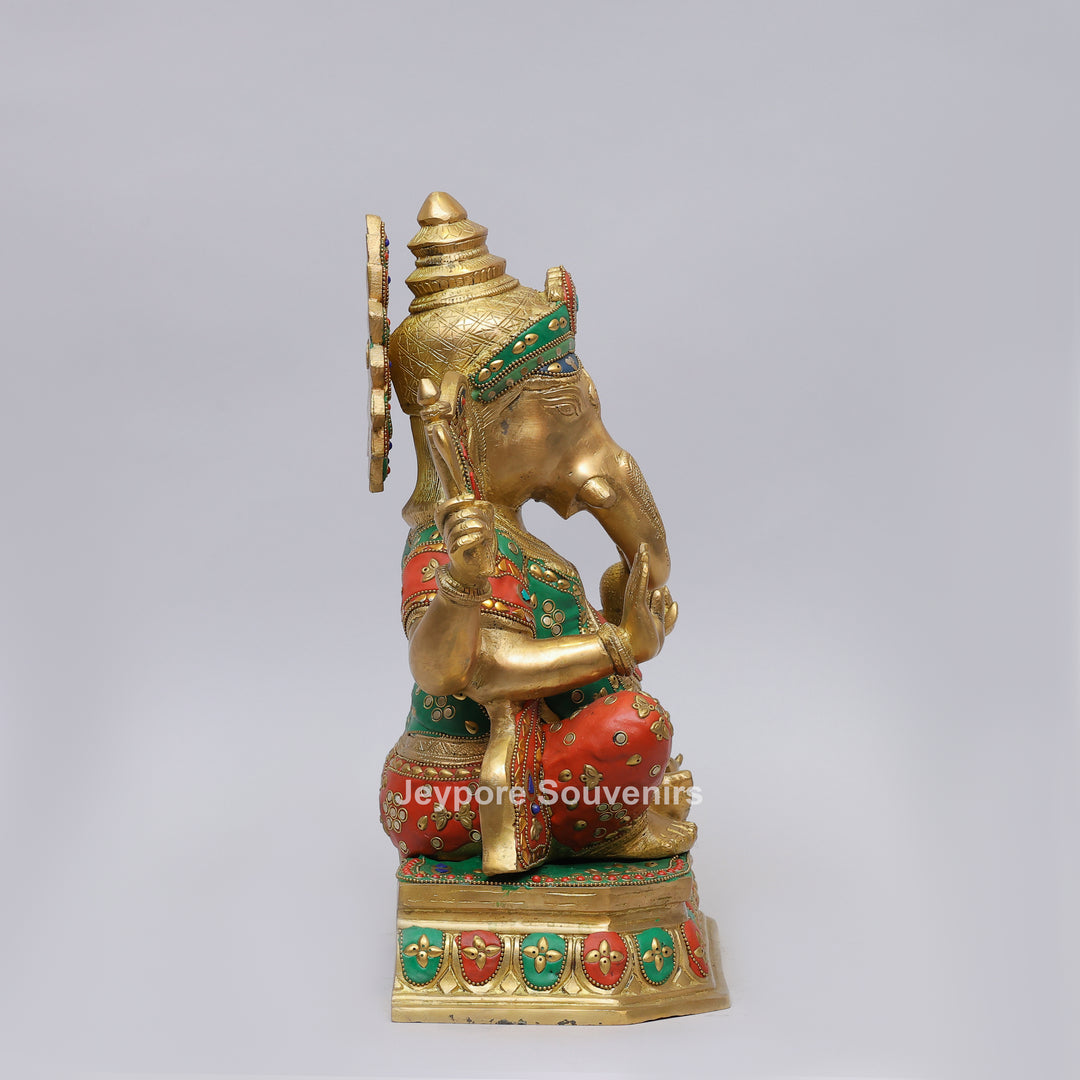 Handcrafted Brass Lord Ganesh Ji Statue with Multicolor Mosaic Inlay
