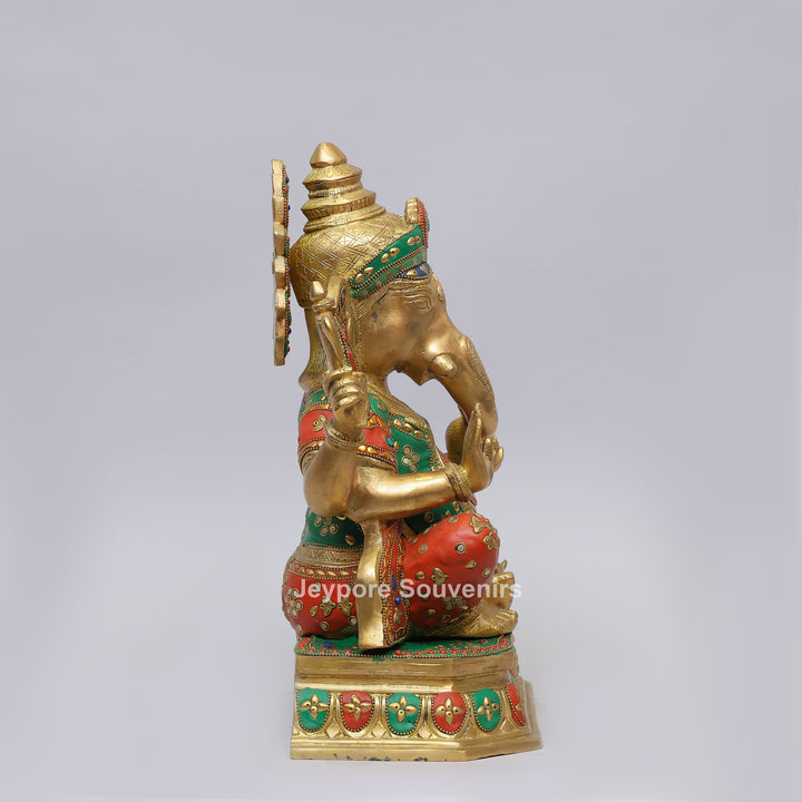 Handcrafted Brass Lord Ganesh Ji Statue with Multicolor Mosaic Inlay