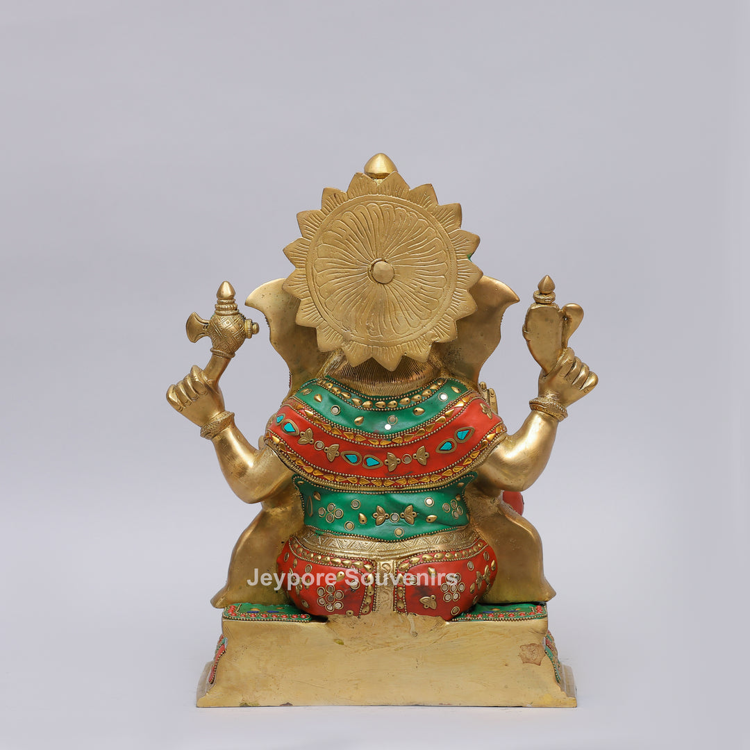 Handcrafted Brass Lord Ganesh Ji Statue with Multicolor Mosaic Inlay
