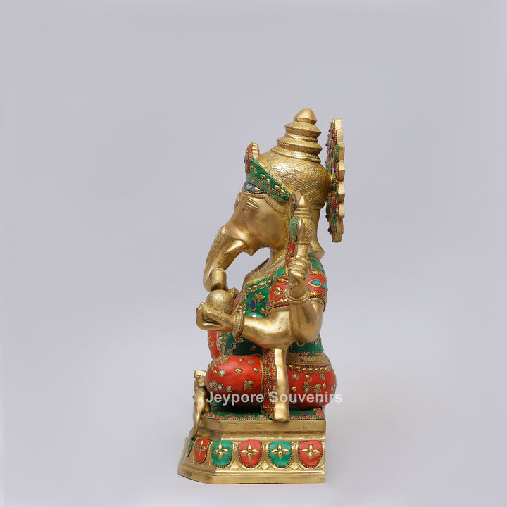 Handcrafted Brass Lord Ganesh Ji Statue with Multicolor Mosaic Inlay