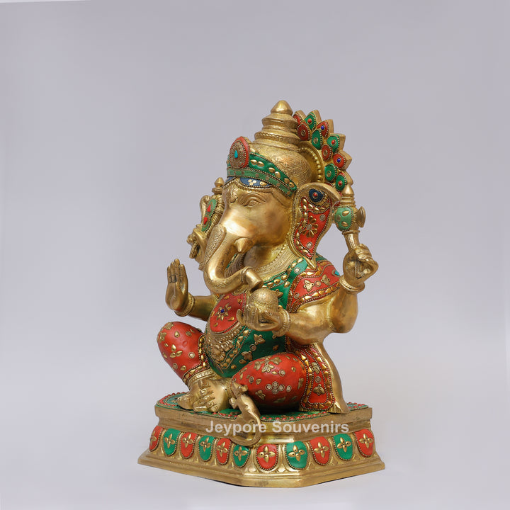 Handcrafted Brass Lord Ganesh Ji Statue with Multicolor Mosaic Inlay