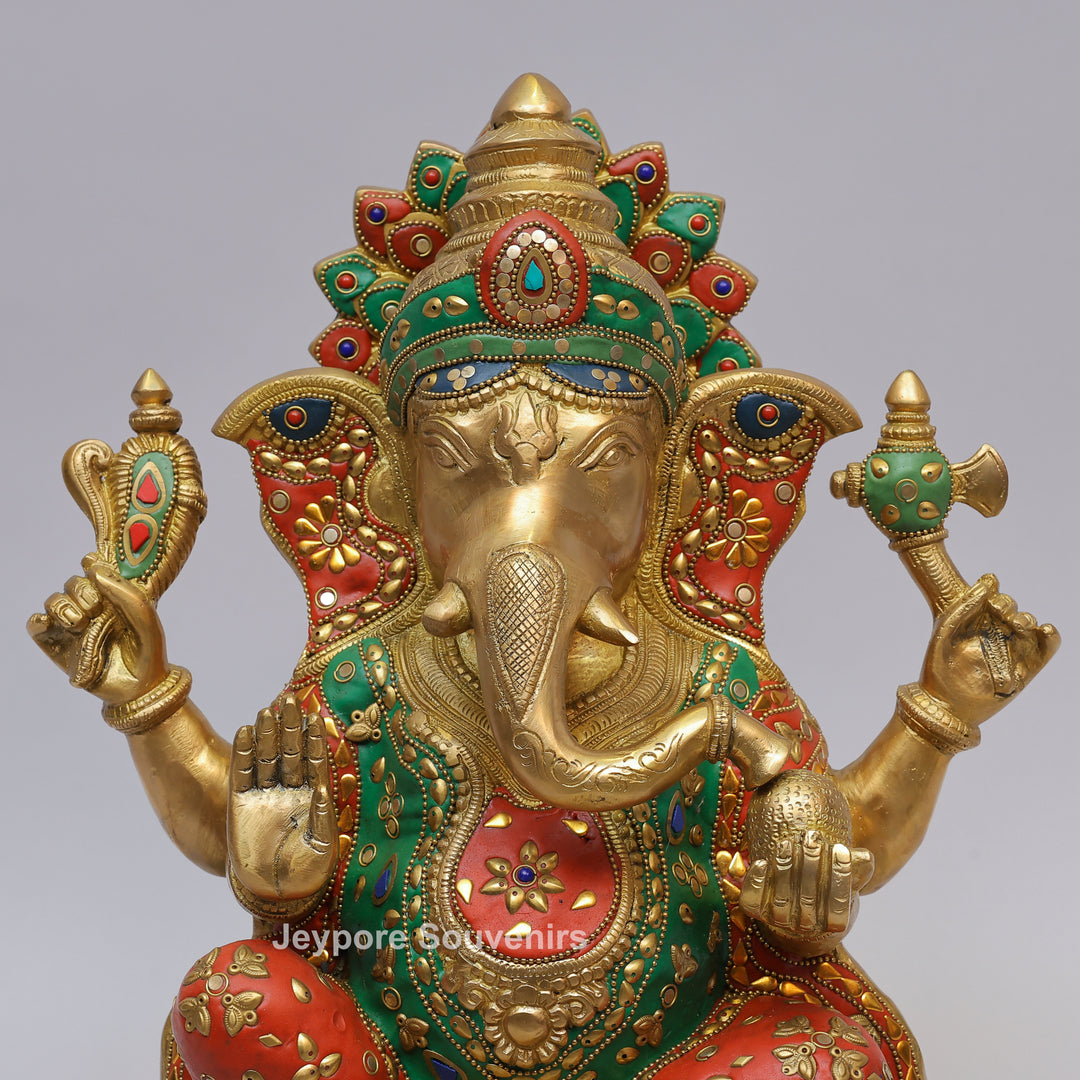 Handcrafted Brass Lord Ganesh Ji Statue with Multicolor Mosaic Inlay