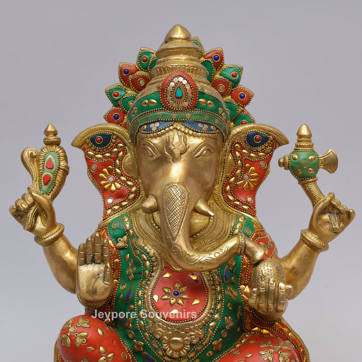 Handcrafted Brass Lord Ganesh Ji Statue with Multicolor Mosaic Inlay
