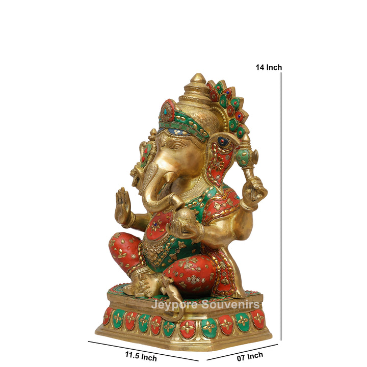 Handcrafted Brass Lord Ganesh Ji Statue with Multicolor Mosaic Inlay