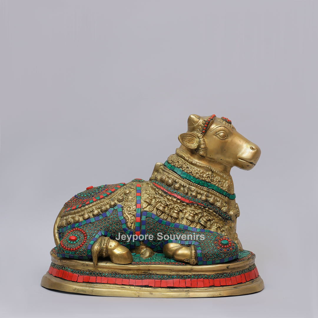 Handcrafted Brass Nandi Statue with Multicolor Mosaic Stonework