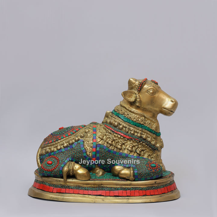 Handcrafted Brass Nandi Statue with Multicolor Mosaic Stonework