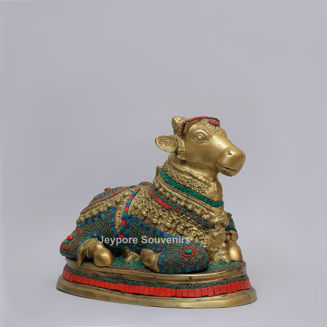 Handcrafted Brass Nandi Statue with Multicolor Mosaic Stonework