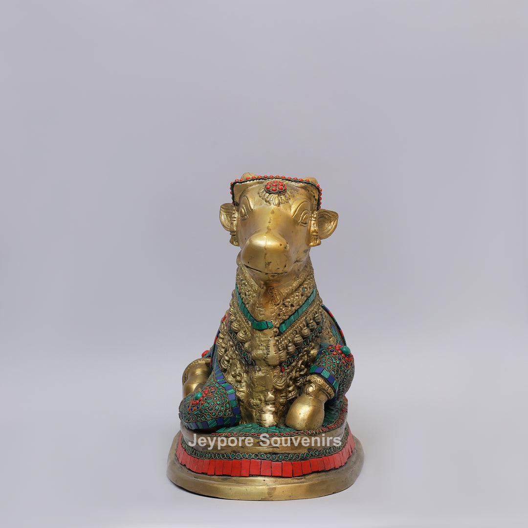 Handcrafted Brass Nandi Statue with Multicolor Mosaic Stonework