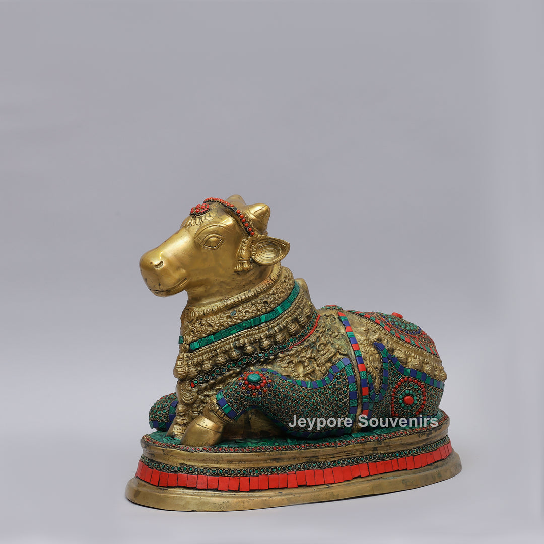 Handcrafted Brass Nandi Statue with Multicolor Mosaic Stonework