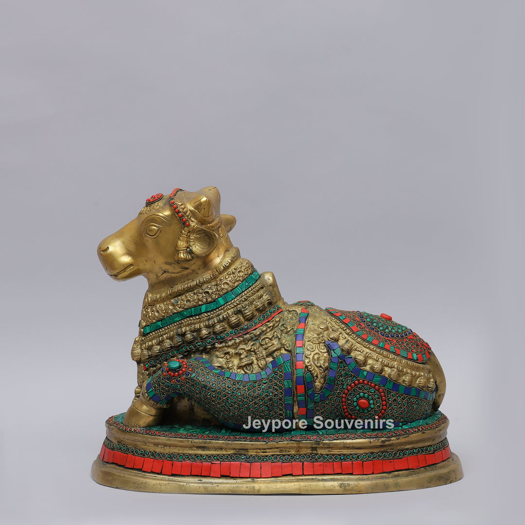 Handcrafted Brass Nandi Statue with Multicolor Mosaic Stonework