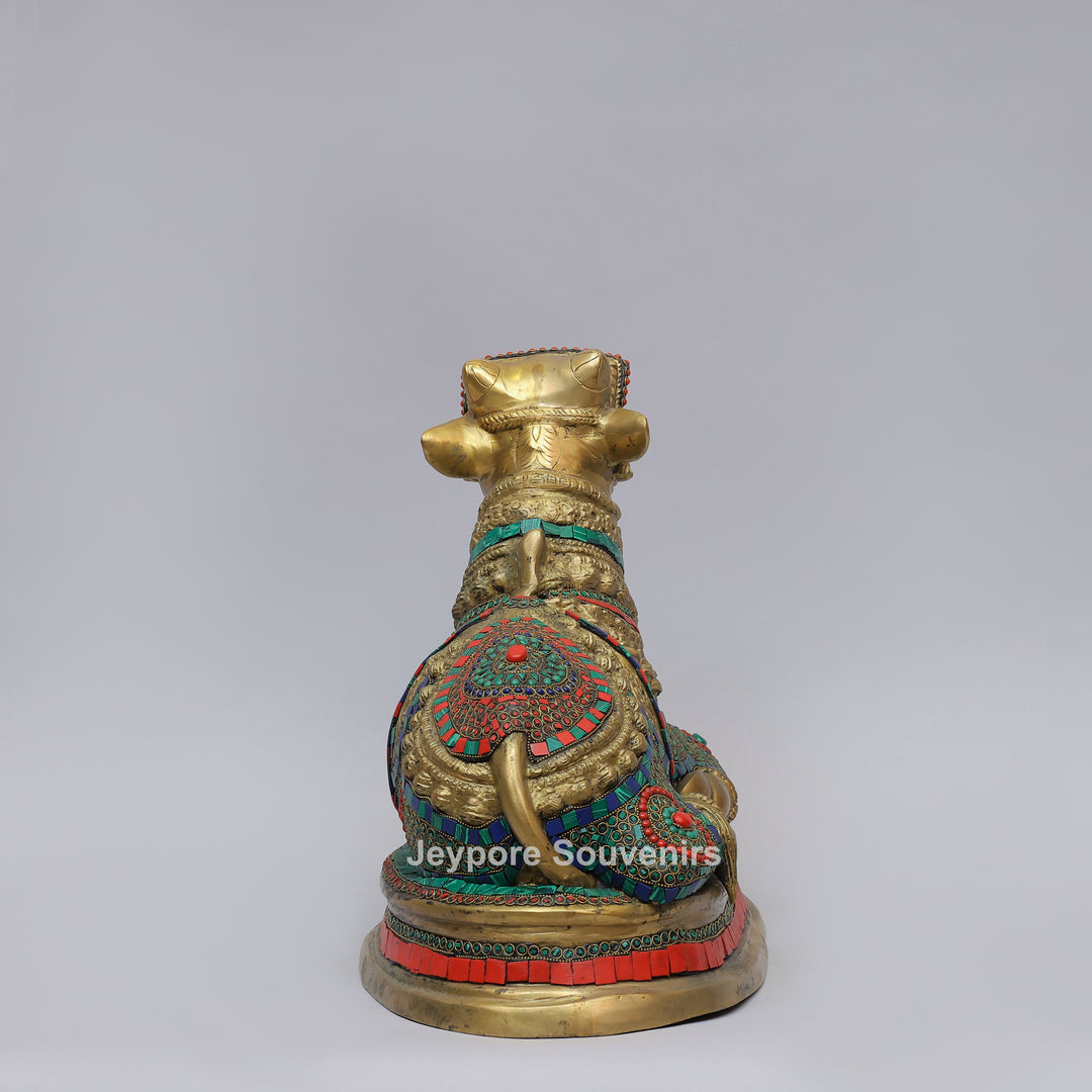 Handcrafted Brass Nandi Statue with Multicolor Mosaic Stonework