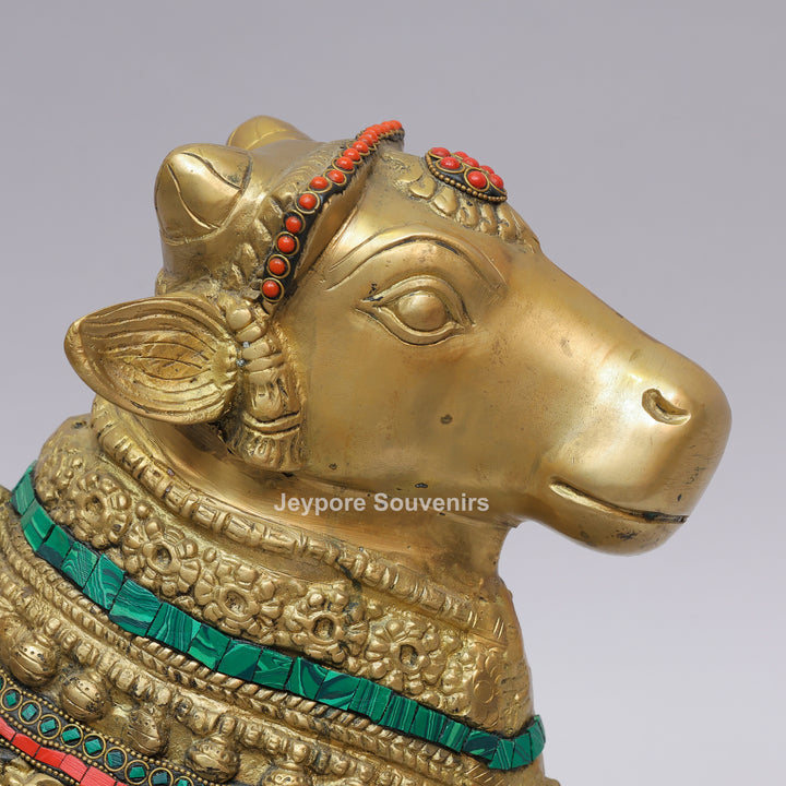 Handcrafted Brass Nandi Statue with Multicolor Mosaic Stonework