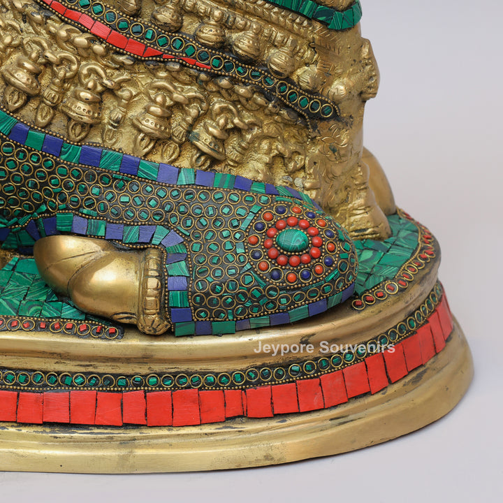 Handcrafted Brass Nandi Statue with Multicolor Mosaic Stonework