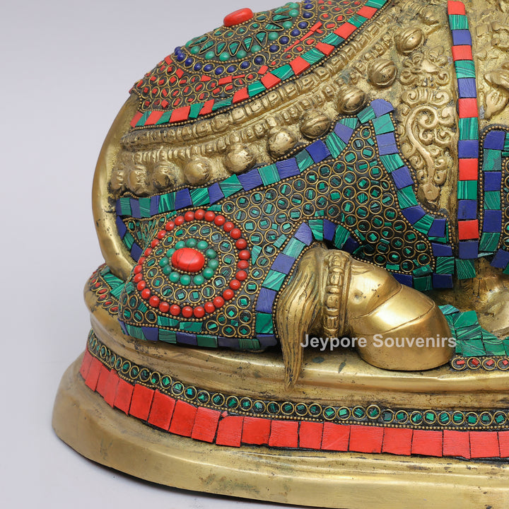 Handcrafted Brass Nandi Statue with Multicolor Mosaic Stonework