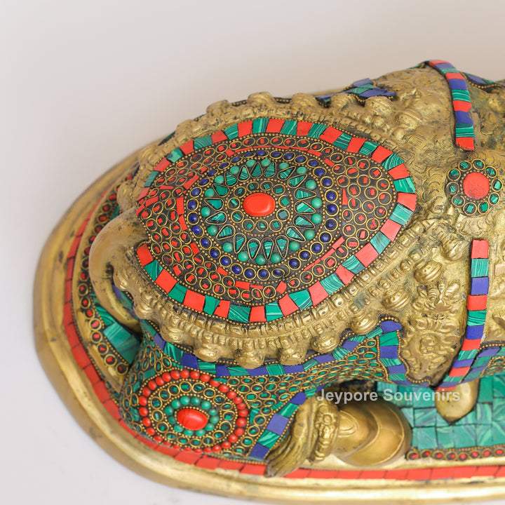 Handcrafted Brass Nandi Statue with Multicolor Mosaic Stonework