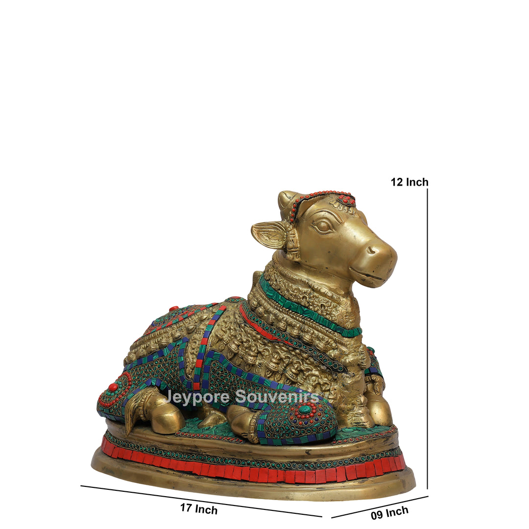 Handcrafted Brass Nandi Statue with Multicolor Mosaic Stonework