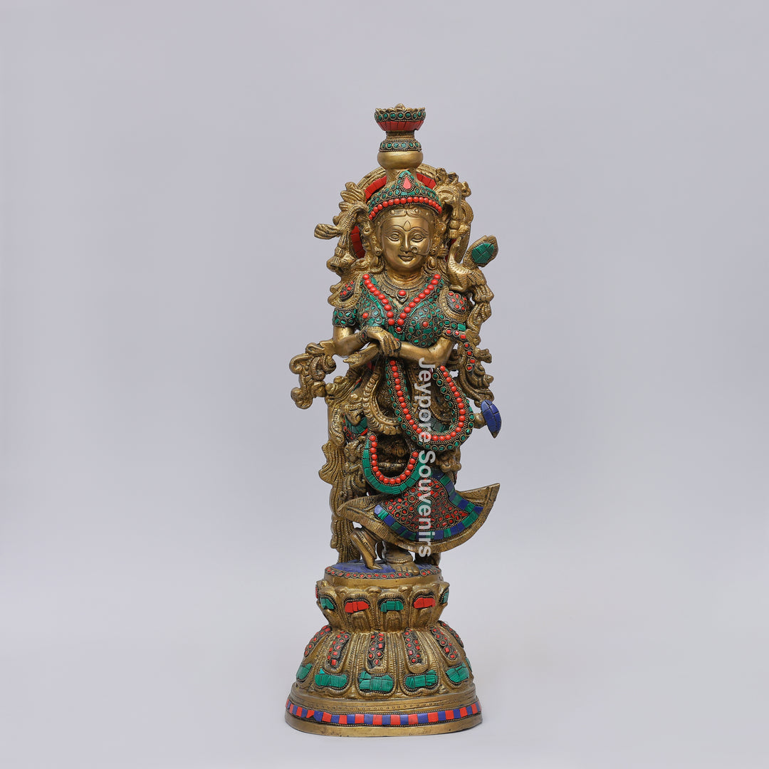 Handcrafted Brass Radha Rani Statue with Turquoise &amp; Coral Stone Inlay