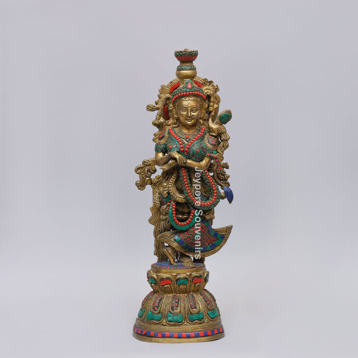Handcrafted Brass Radha Rani Statue with Turquoise &amp; Coral Stone Inlay