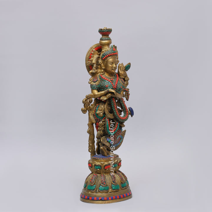 Handcrafted Brass Radha Rani Statue with Turquoise &amp; Coral Stone Inlay