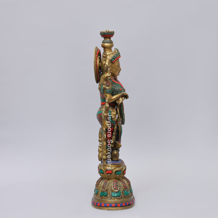 Handcrafted Brass Radha Rani Statue with Turquoise &amp; Coral Stone Inlay