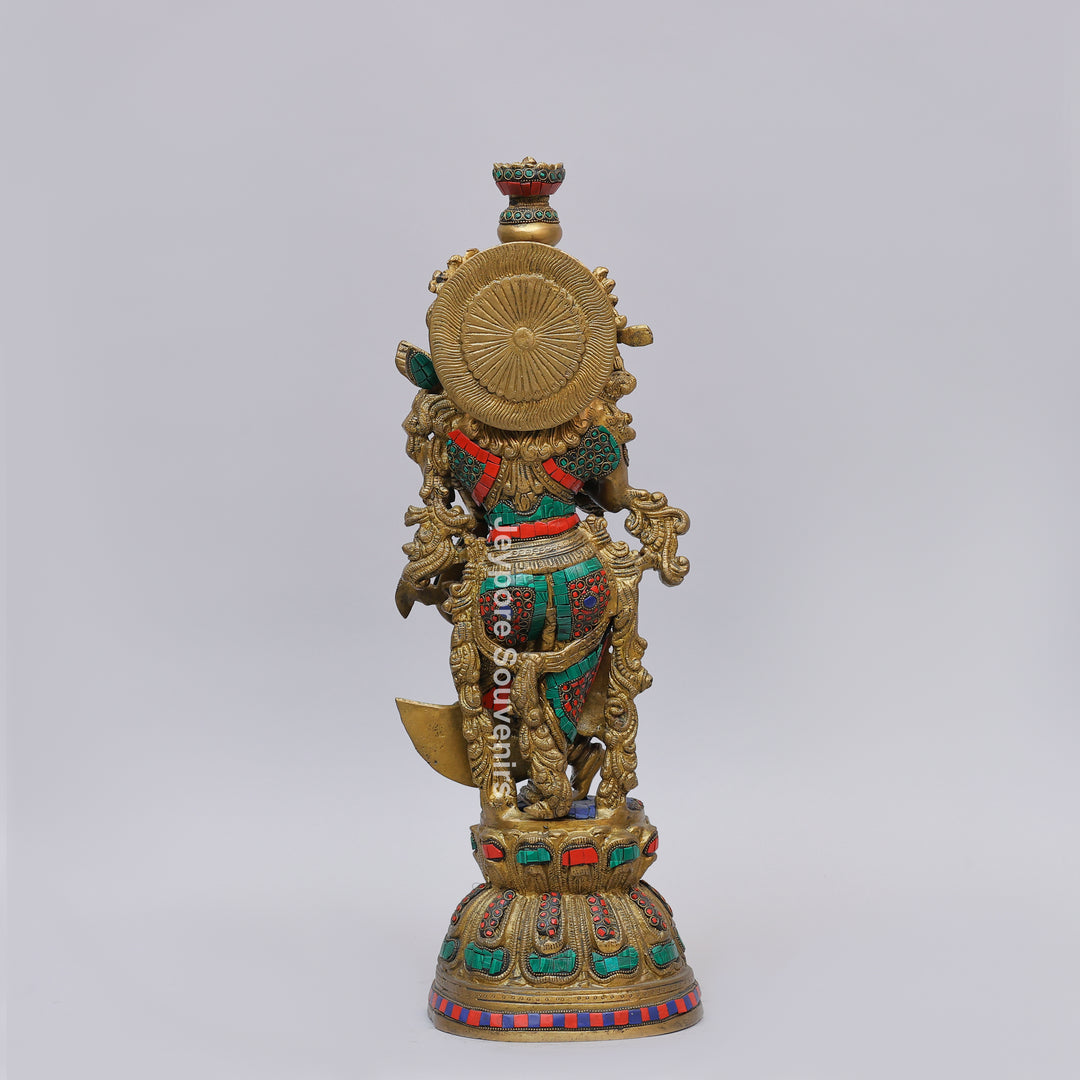 Handcrafted Brass Radha Rani Statue with Turquoise &amp; Coral Stone Inlay