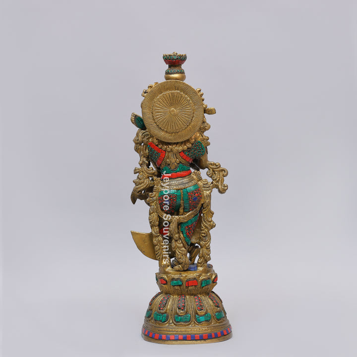 Handcrafted Brass Radha Rani Statue with Turquoise &amp; Coral Stone Inlay