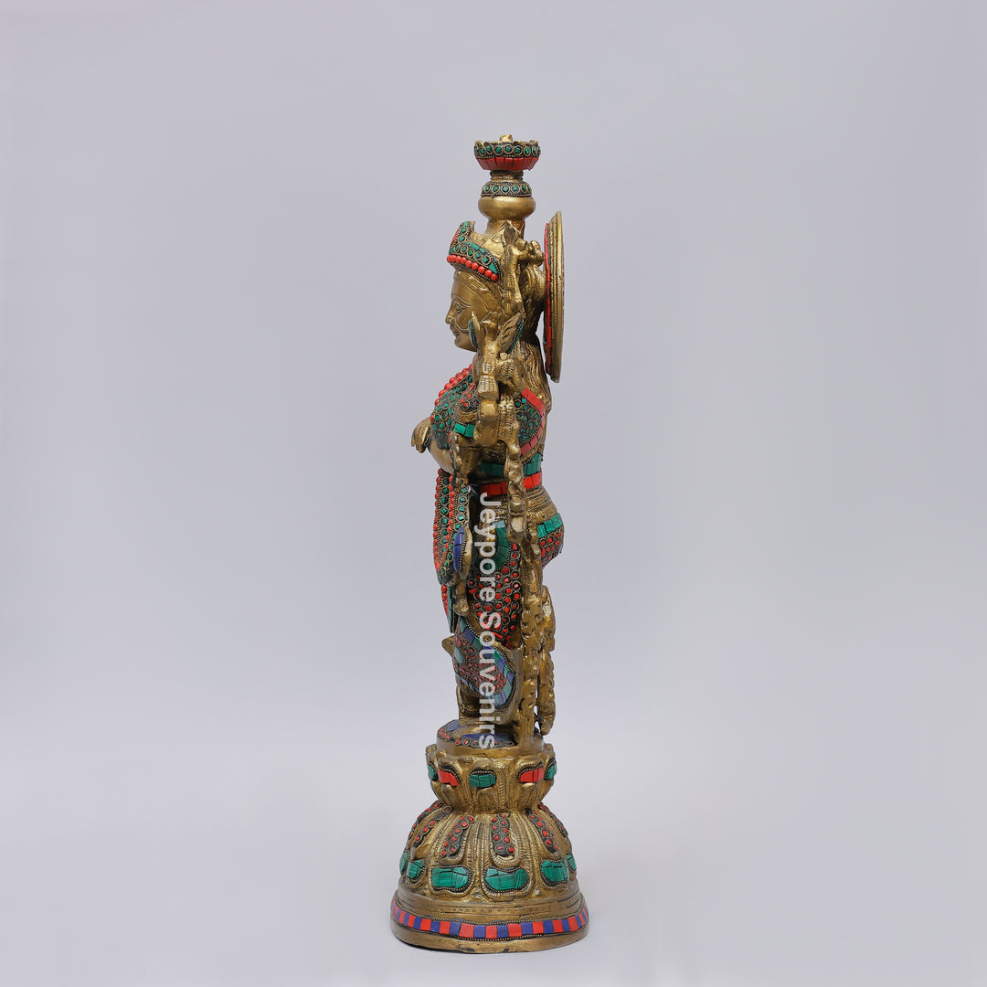 Handcrafted Brass Radha Rani Statue with Turquoise &amp; Coral Stone Inlay