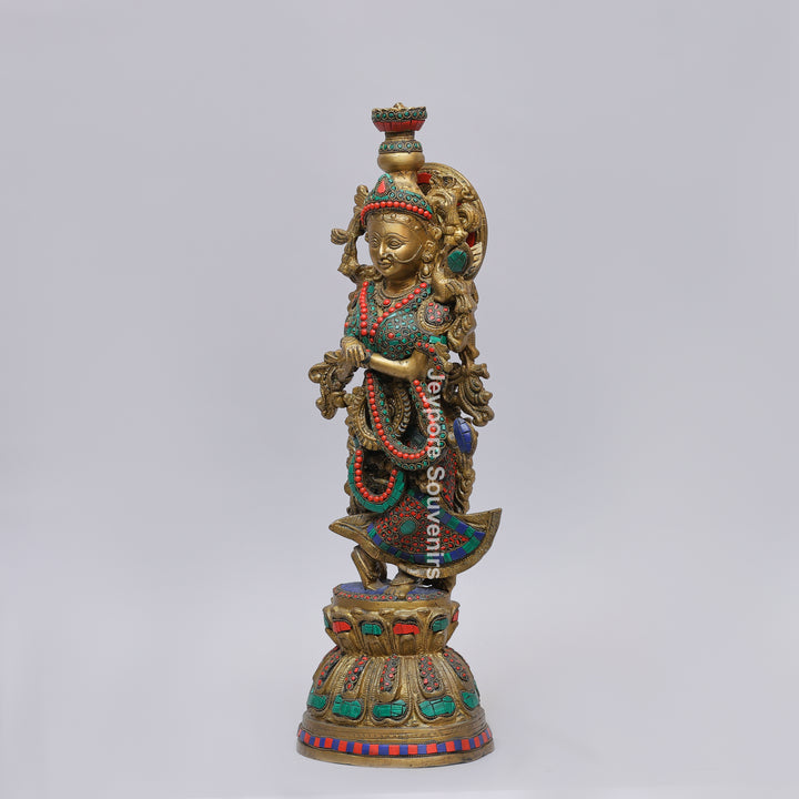 Handcrafted Brass Radha Rani Statue with Turquoise &amp; Coral Stone Inlay