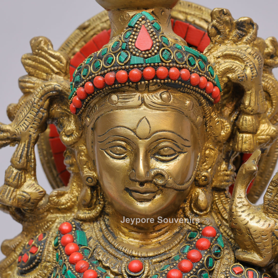Handcrafted Brass Radha Rani Statue with Turquoise &amp; Coral Stone Inlay