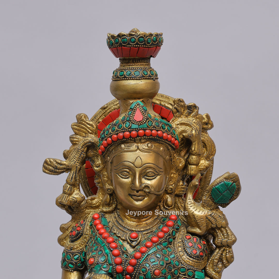 Handcrafted Brass Radha Rani Statue with Turquoise &amp; Coral Stone Inlay