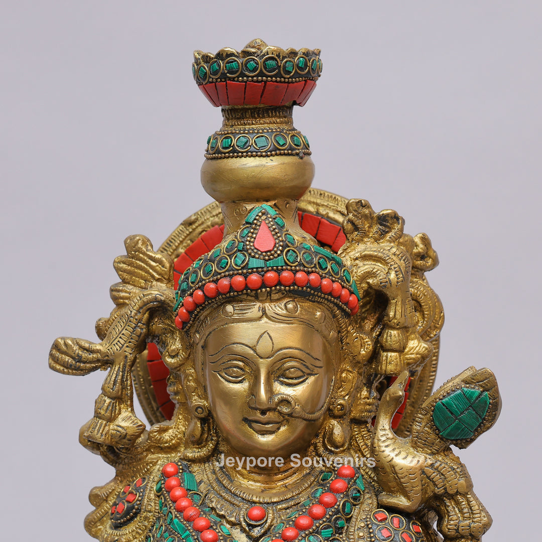 Handcrafted Brass Radha Rani Statue with Turquoise &amp; Coral Stone Inlay