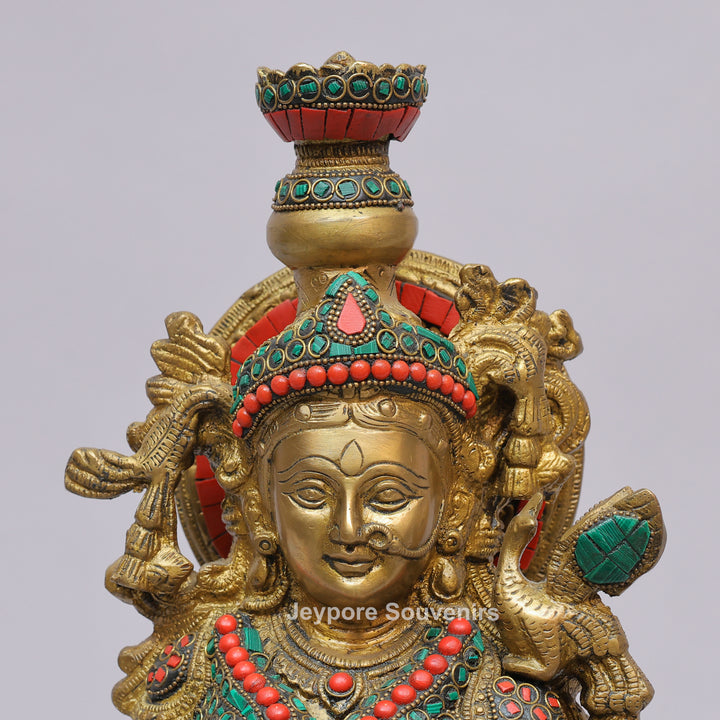 Handcrafted Brass Radha Rani Statue with Turquoise &amp; Coral Stone Inlay